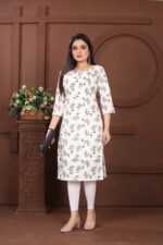 Graceful White & Black Floral Printed Cotton Kurti - Image 2