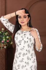 Graceful White & Black Floral Printed Cotton Kurti