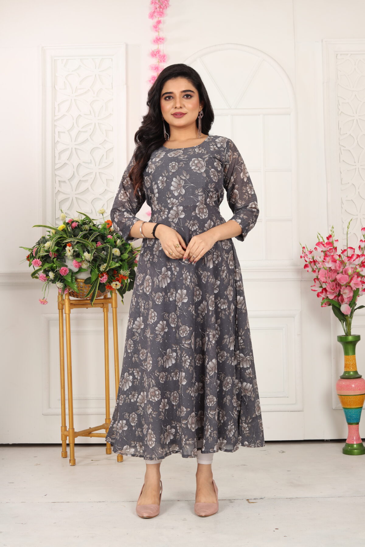 Elegant Black & White Floral Anarkali Kurti - Image 5