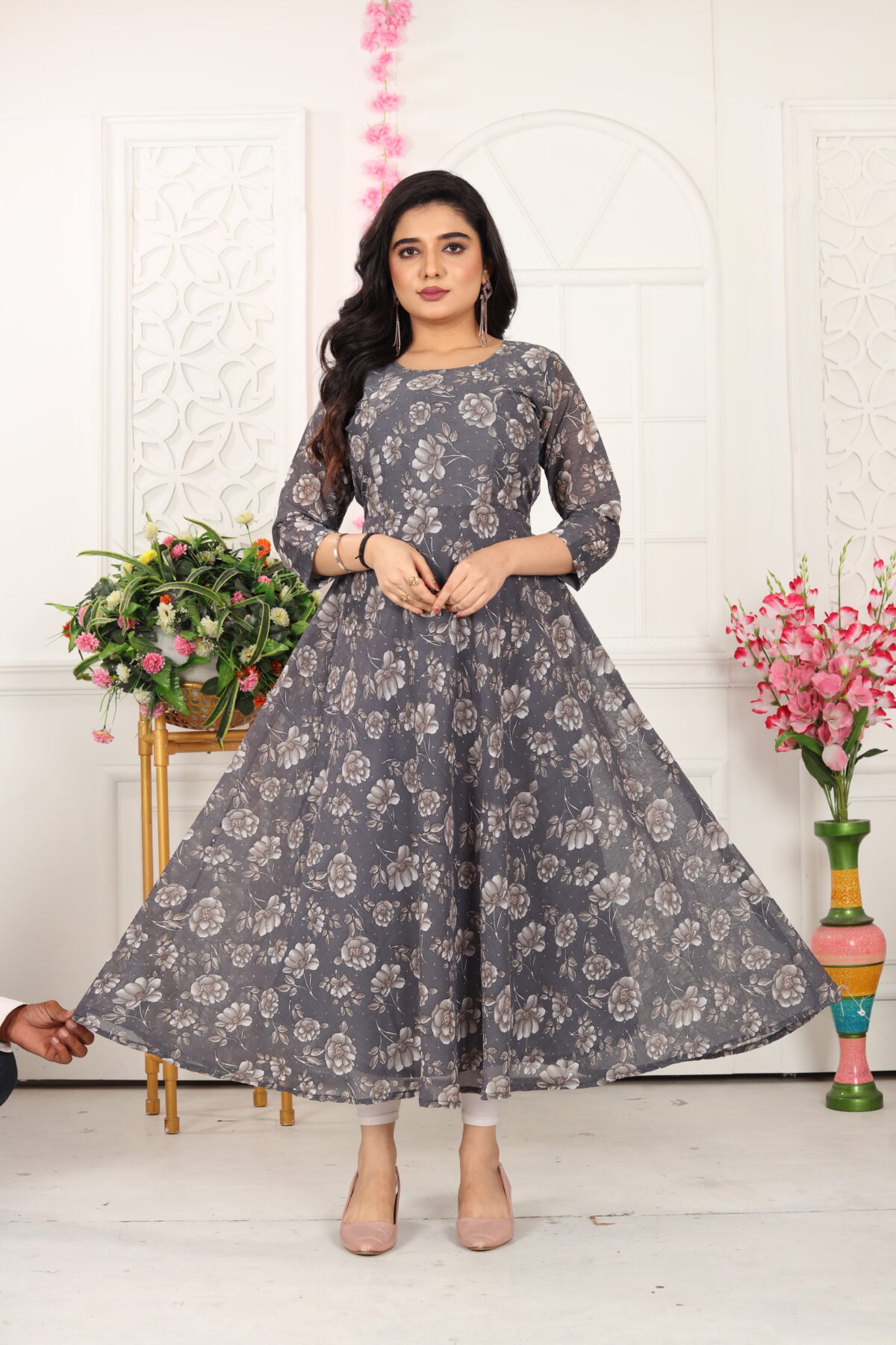 Elegant Black & White Floral Anarkali Kurti - Image 2